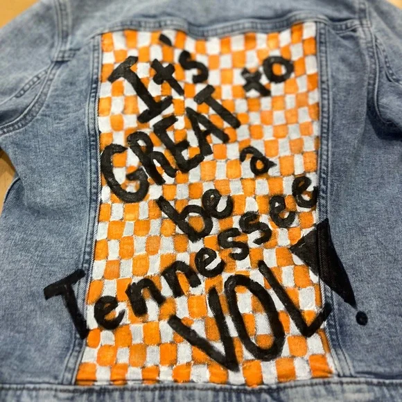 🧡Kids Denim Hand-painted TN Vols Jacket with Orange and White Checkerboard - Picture 3 of 10